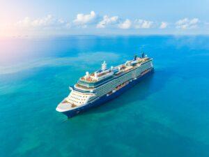 A cruise ship at sea, where at least one passenger is wondering what the average cruise ship accident settlement is.