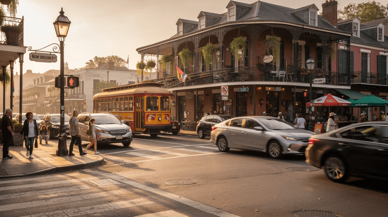The image depicts a bustling New Orleans intersection filled with vehicles, including rideshare cars, and pedestrians navigating the crosswalk. The scene captures the vibrant energy of the city, highlighting the need for safety and awareness in busy traffic areas where rideshare accidents can occur.