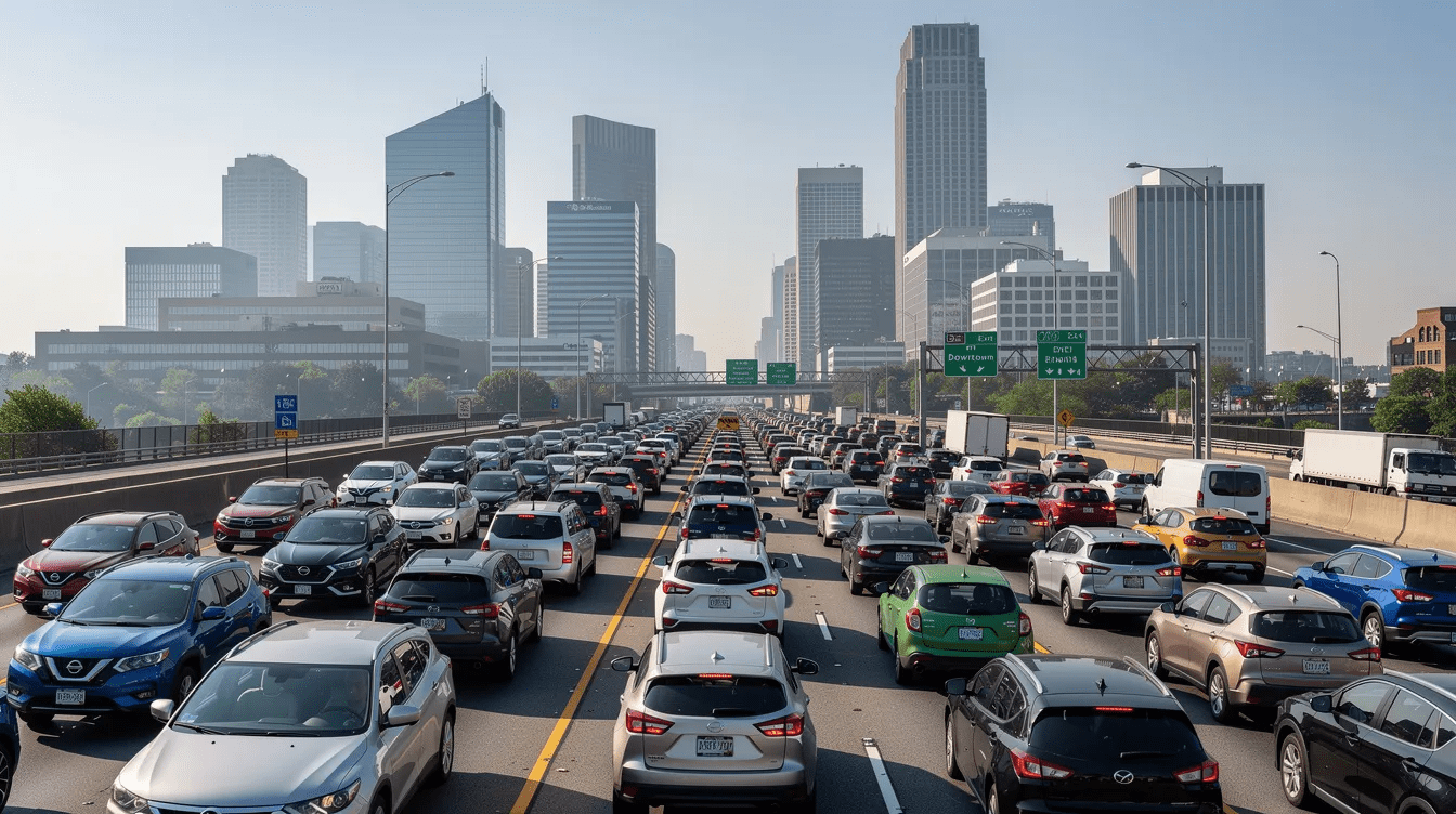 The image shows a busy multilane highway with numerous cars in traffic, while an urban skyline rises in the background. This scene reflects the hustle of city life, where rideshare services like Lyft operate amidst the challenges of car accidents and traffic congestion.