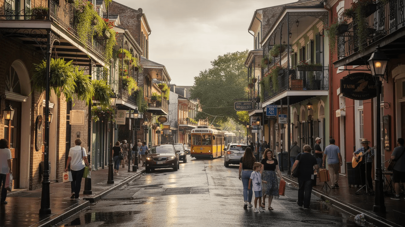 The image depicts a bustling street in the New Orleans French Quarter, filled with vehicles and pedestrians navigating the vibrant scene. This lively atmosphere may remind one of the potential for motor vehicle accidents, where rideshare drivers and passengers alike could seek the assistance of an experienced uber accident lawyer for legal representation in case of an accident.