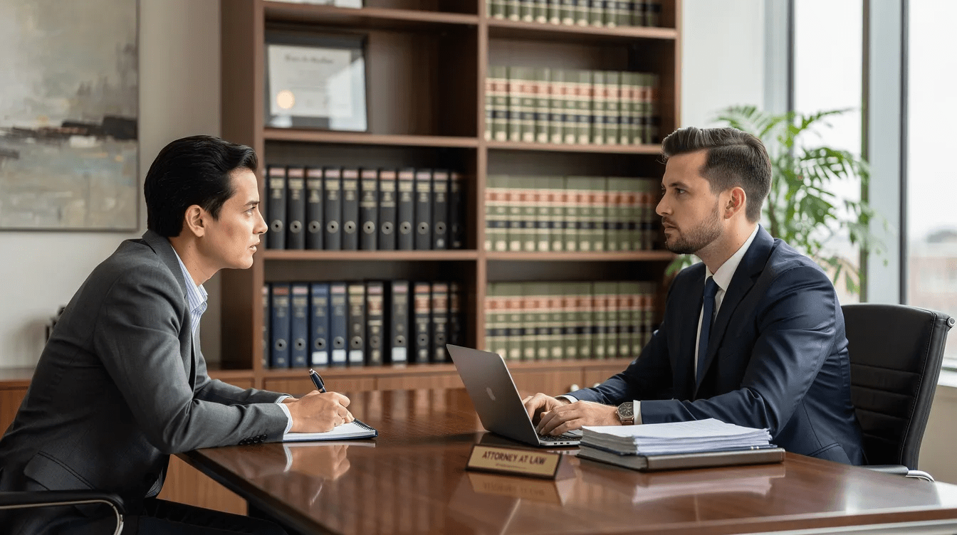 The image depicts a professional legal consultation taking place in a modern office setting, where a lawyer discusses a rideshare accident case with a client. The scene conveys a focus on legal matters related to liability insurance, medical expenses, and the complexities of seeking fair compensation for injuries sustained in a rideshare accident.
