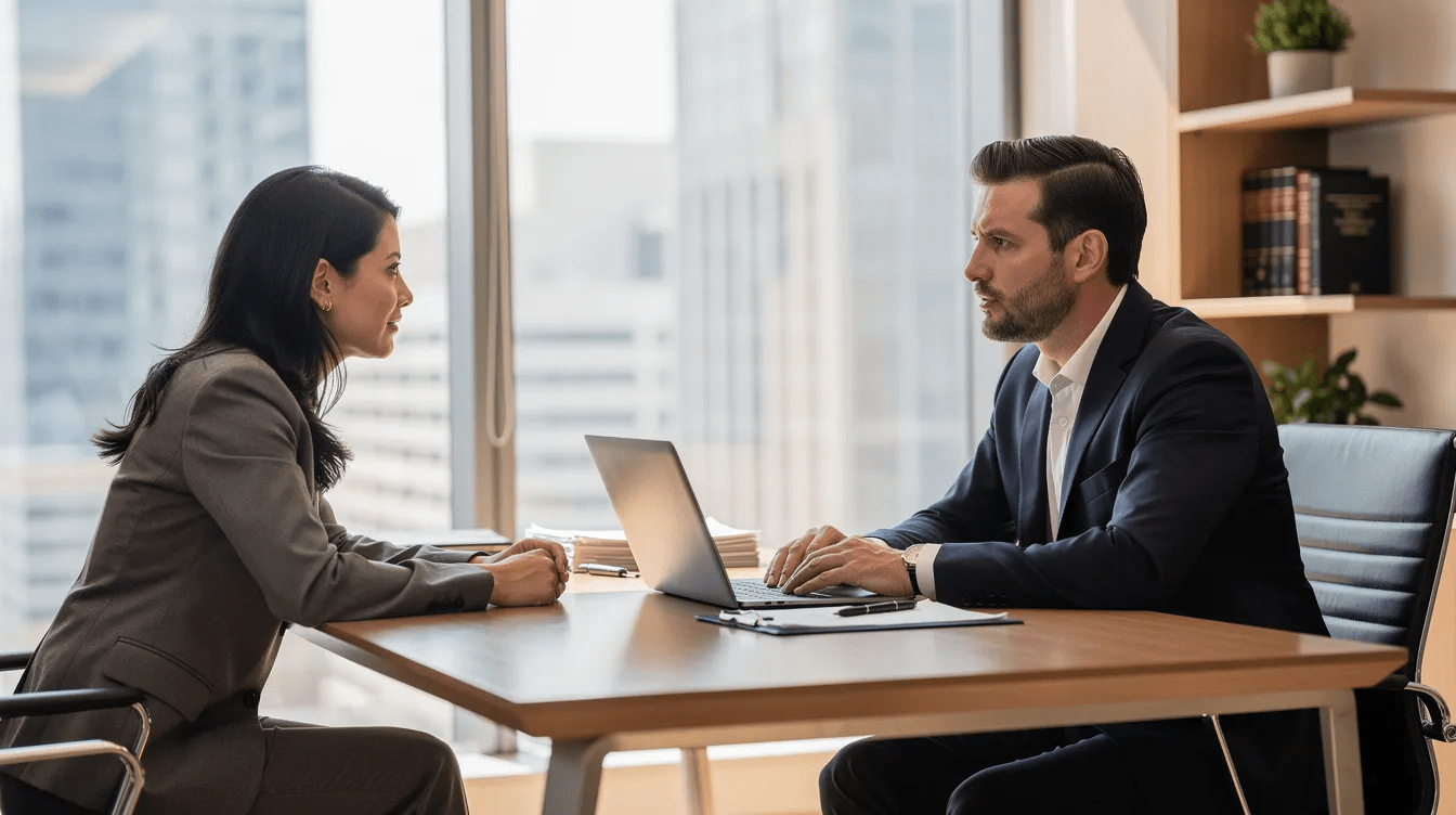 A professional attorney is seated at a desk in an office, engaged in a discussion with a client about their rights and options following an Uber accident. The scene conveys a sense of trust and expertise, emphasizing the attorney's role in guiding clients through the complexities of personal injury claims and seeking fair compensation for accident victims.