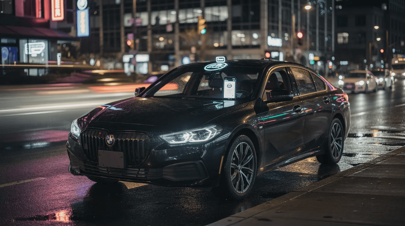 A rideshare vehicle is parked on a city street at night, illuminated by streetlights, with a driver visible inside. This scene captures the essence of urban transportation, highlighting the importance of safety and the potential for rideshare accidents that could involve liability insurance and personal injury claims.