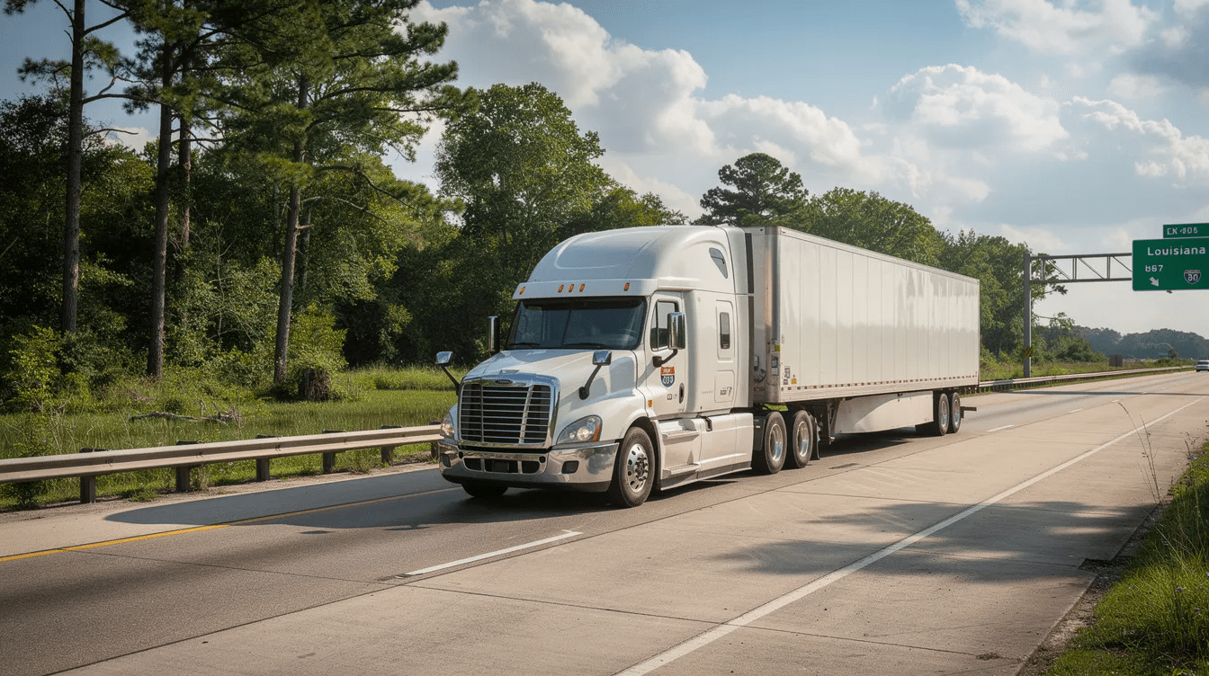 A large semi truck is driving along a Louisiana interstate highway, showcasing the busy traffic typical of the greater New Orleans area. This scene captures the potential for accidents and personal injury claims that can arise from such large vehicles on the road.