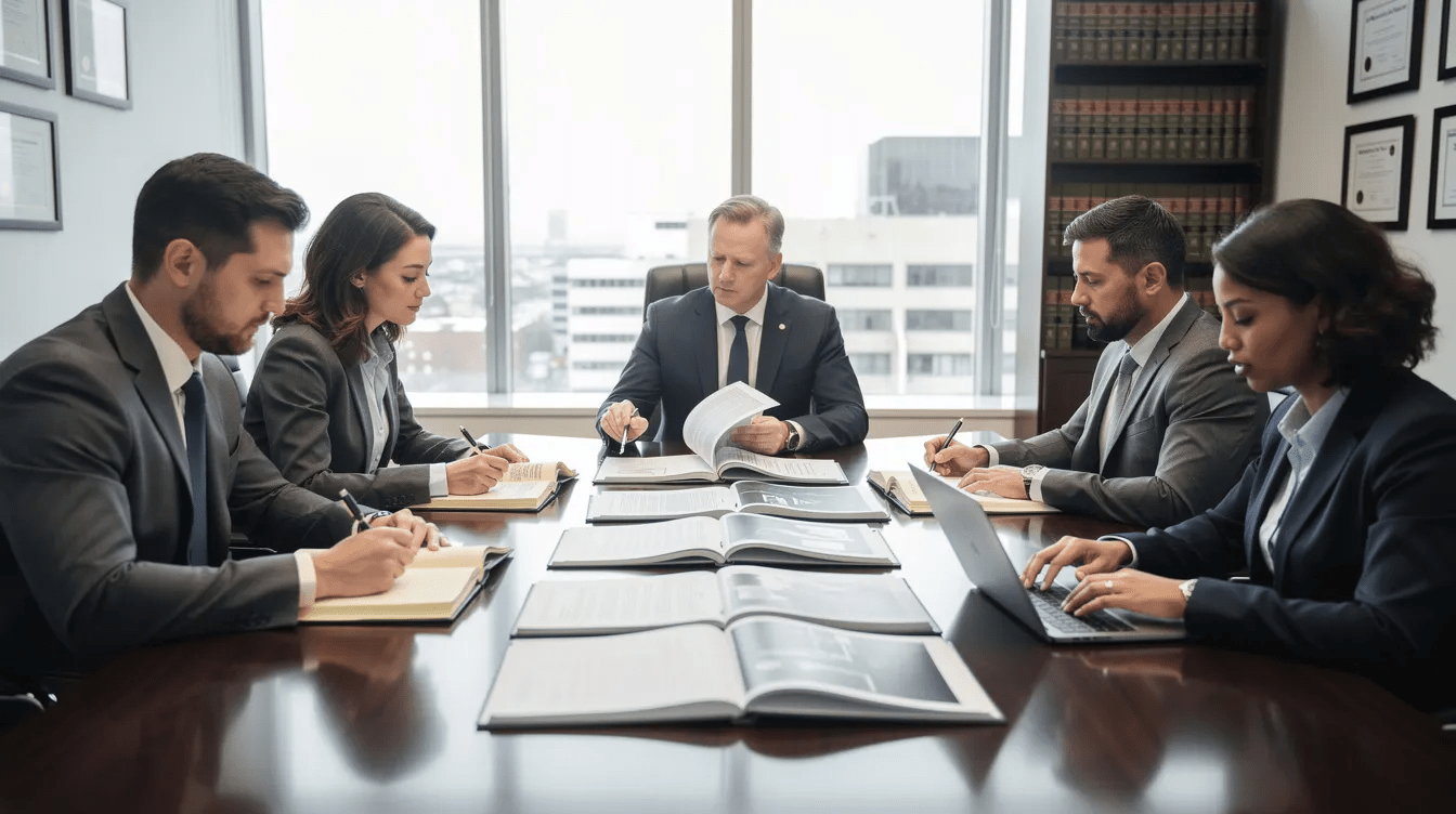 A professional legal team is gathered around a conference table, reviewing case documents related to personal injury claims, including those from car accidents and truck accidents. The atmosphere is focused and collaborative, as the attorneys discuss strategies to recover compensation for their clients in the greater New Orleans area.