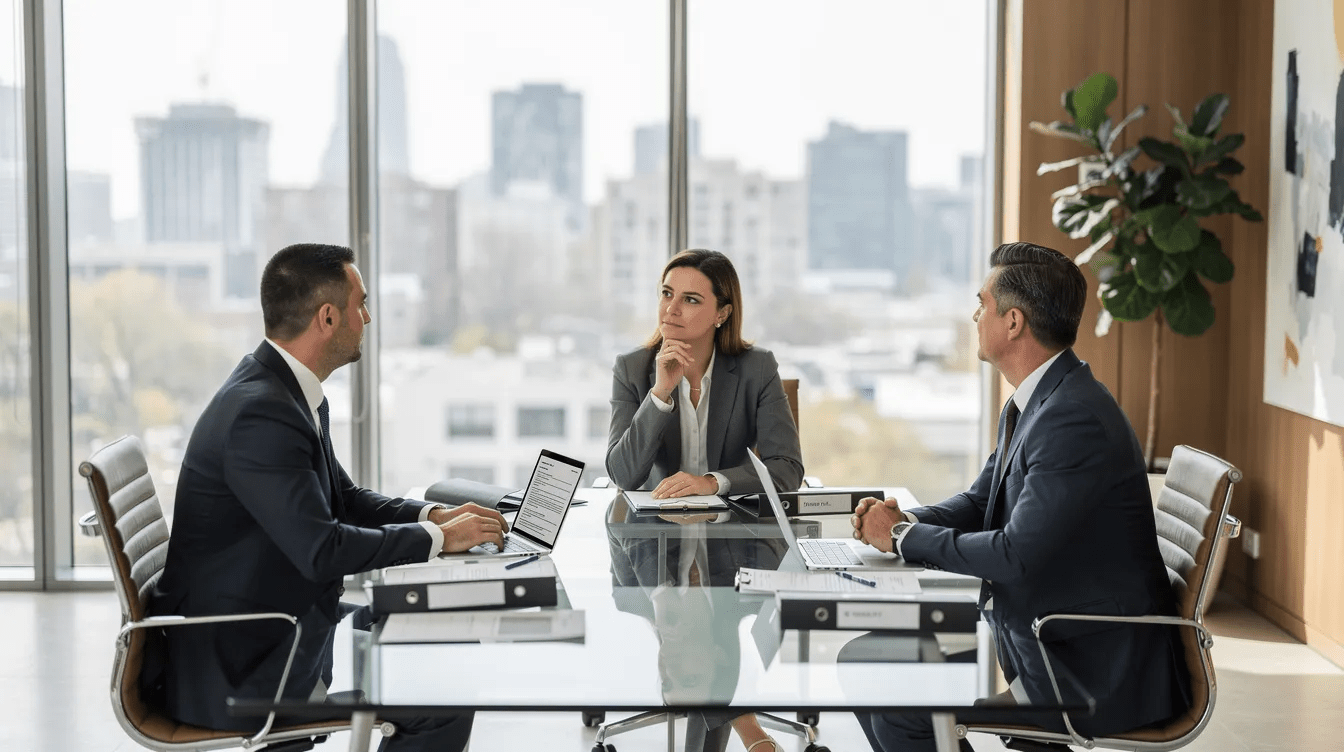 A group of attorneys is engaged in a professional meeting with a client in a modern office, discussing various aspects of a personal injury lawsuit related to a rideshare accident. They are reviewing medical records, potential future medical costs, and strategies for seeking maximum fair compensation for the client.