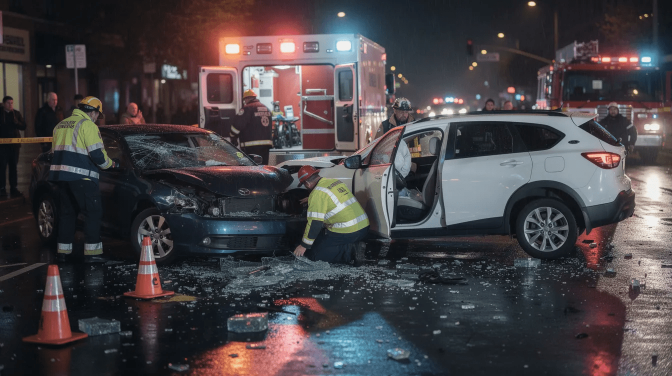The image depicts a car accident scene featuring two vehicles that have collided, with emergency responders attending to the situation. The scene highlights the urgency of motor vehicle accidents, emphasizing the need for immediate medical attention and potential legal representation for accident victims.